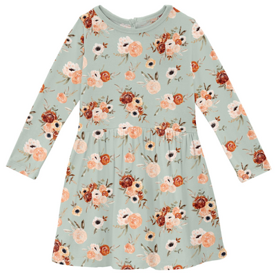 Kickee Pants Long Sleeve Twirl Dress: Aloe Fall Floral
