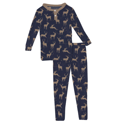 Kickee Pants Long Sleeve Henley Pajama Set: Peacoat Elk
