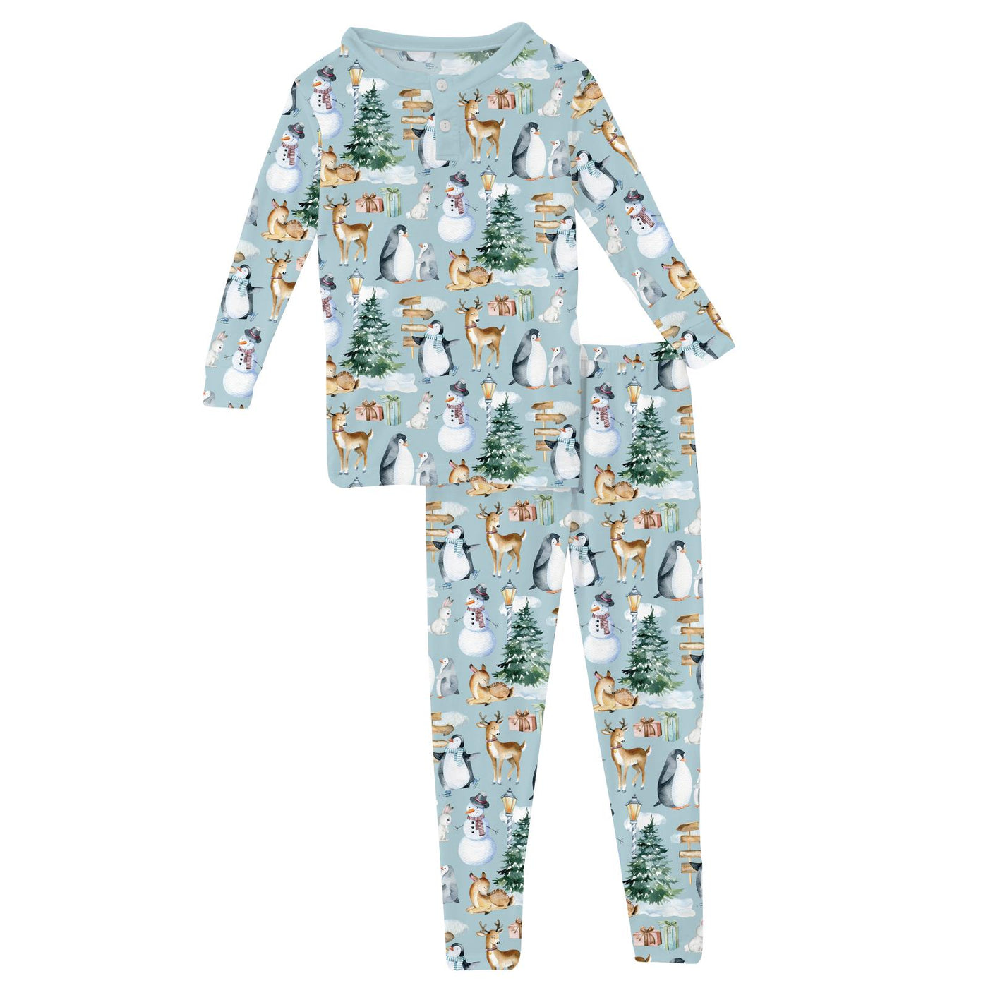 Kickee Pants Long Sleeve Henley Pajama Set: Spring Sky Winter Woodland