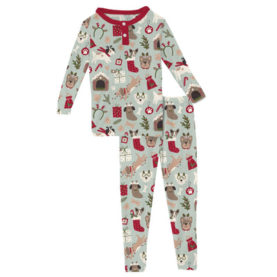 Kickee Pants Long Sleeve Henley Pajama Set: Aloe Christmas Dogs