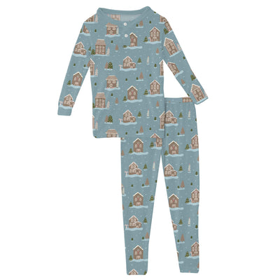 Kickee Pants Long Sleeve Henley Pajama Set: Stormy Sea Gingerbread Town