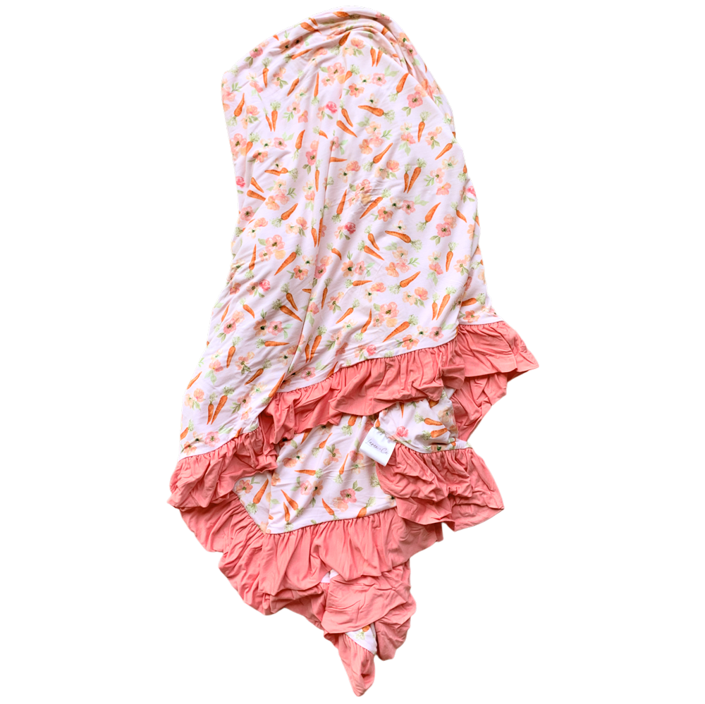 Laree + Co: Lillian's Pink Easter Carrots Bamboo Ruffle Toddler Blanket