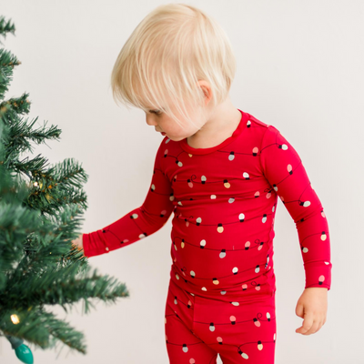 Kickee Pants Long Sleeve Pajama Set: Crimson Holiday Lights