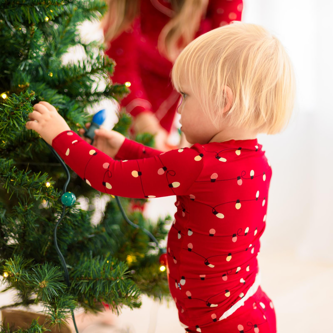 Kickee Pants Long Sleeve Pajama Set: Crimson Holiday Lights