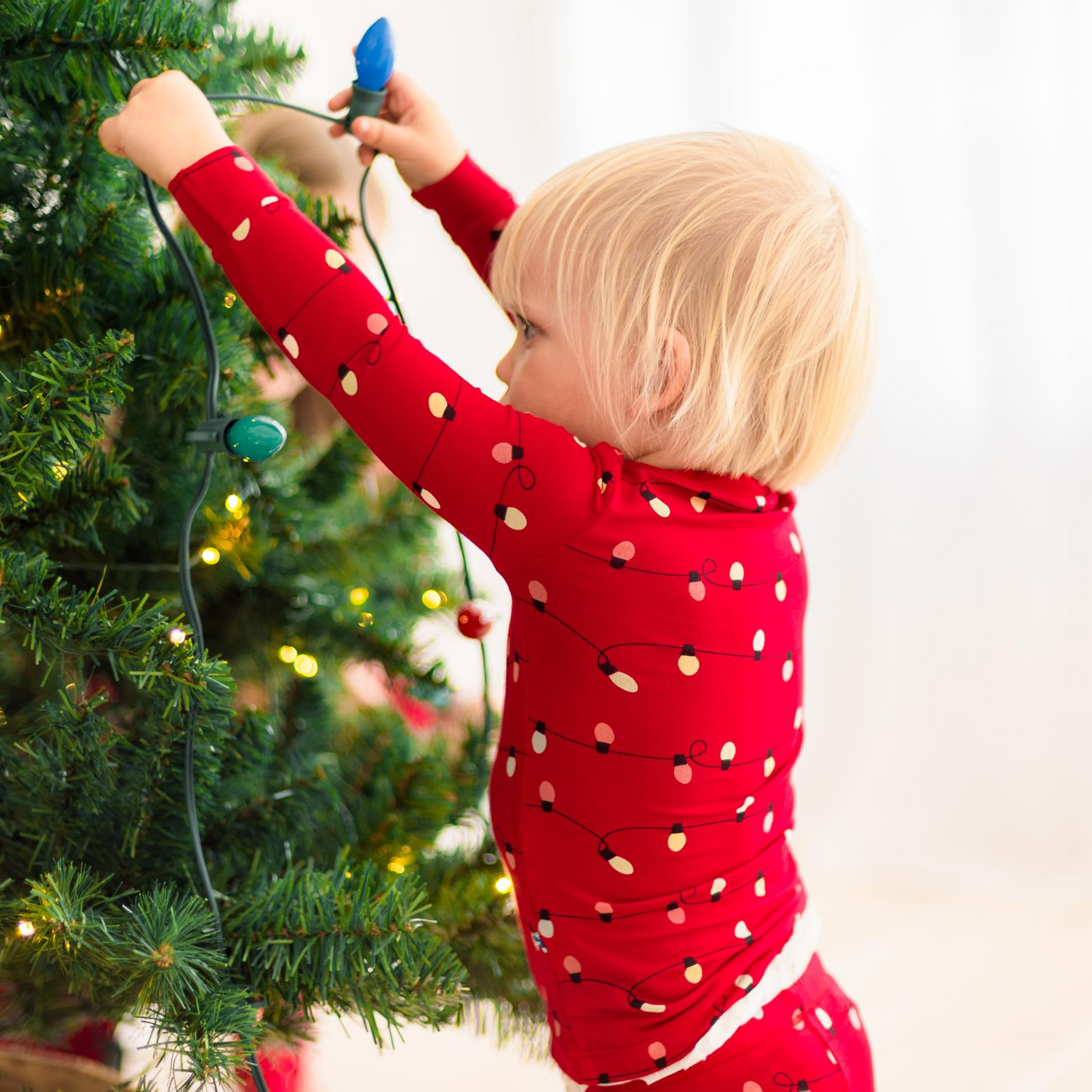 Kickee Pants Long Sleeve Pajama Set: Crimson Holiday Lights