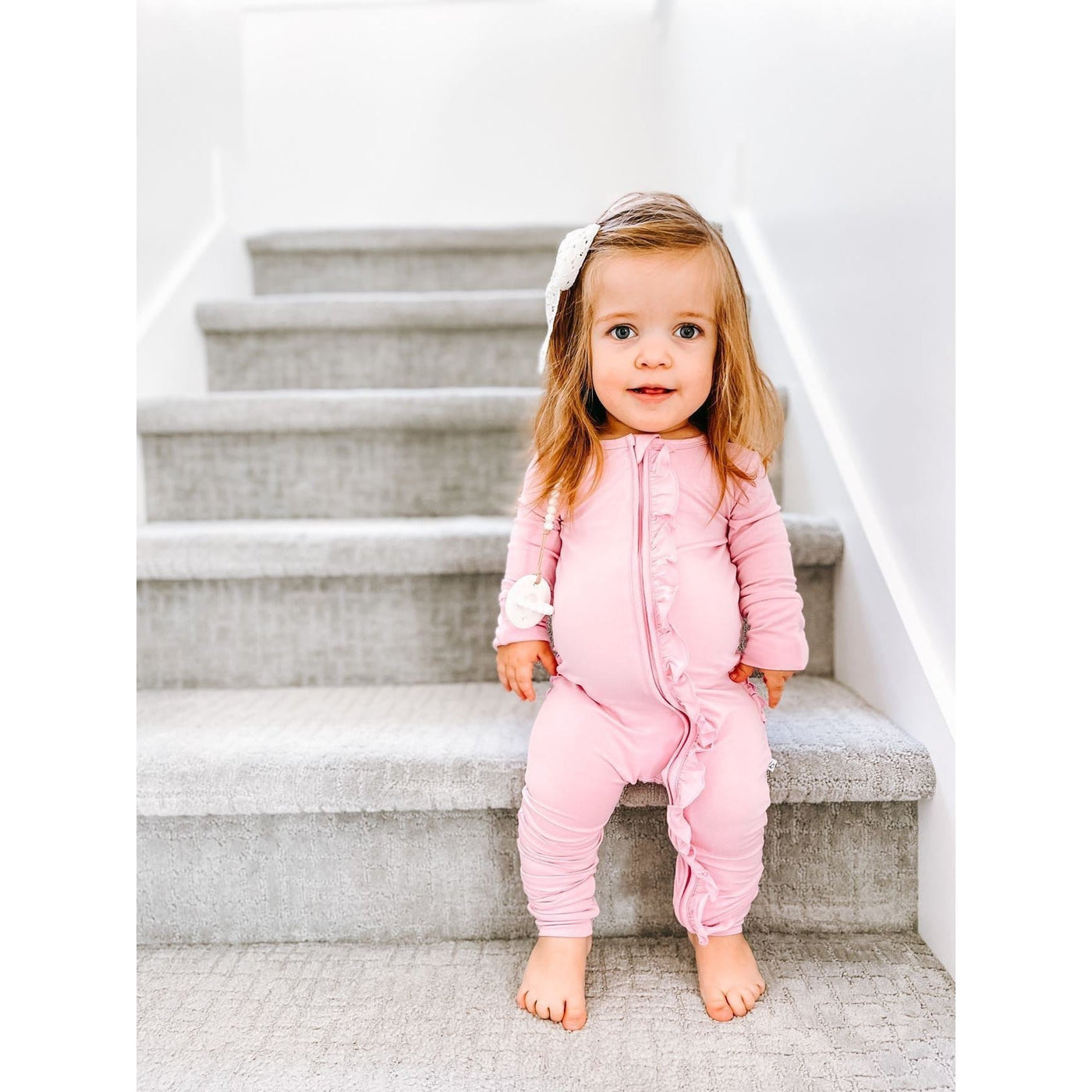 Laree + Co:  Lillian Pink Bamboo Ruffle Convertible Footie