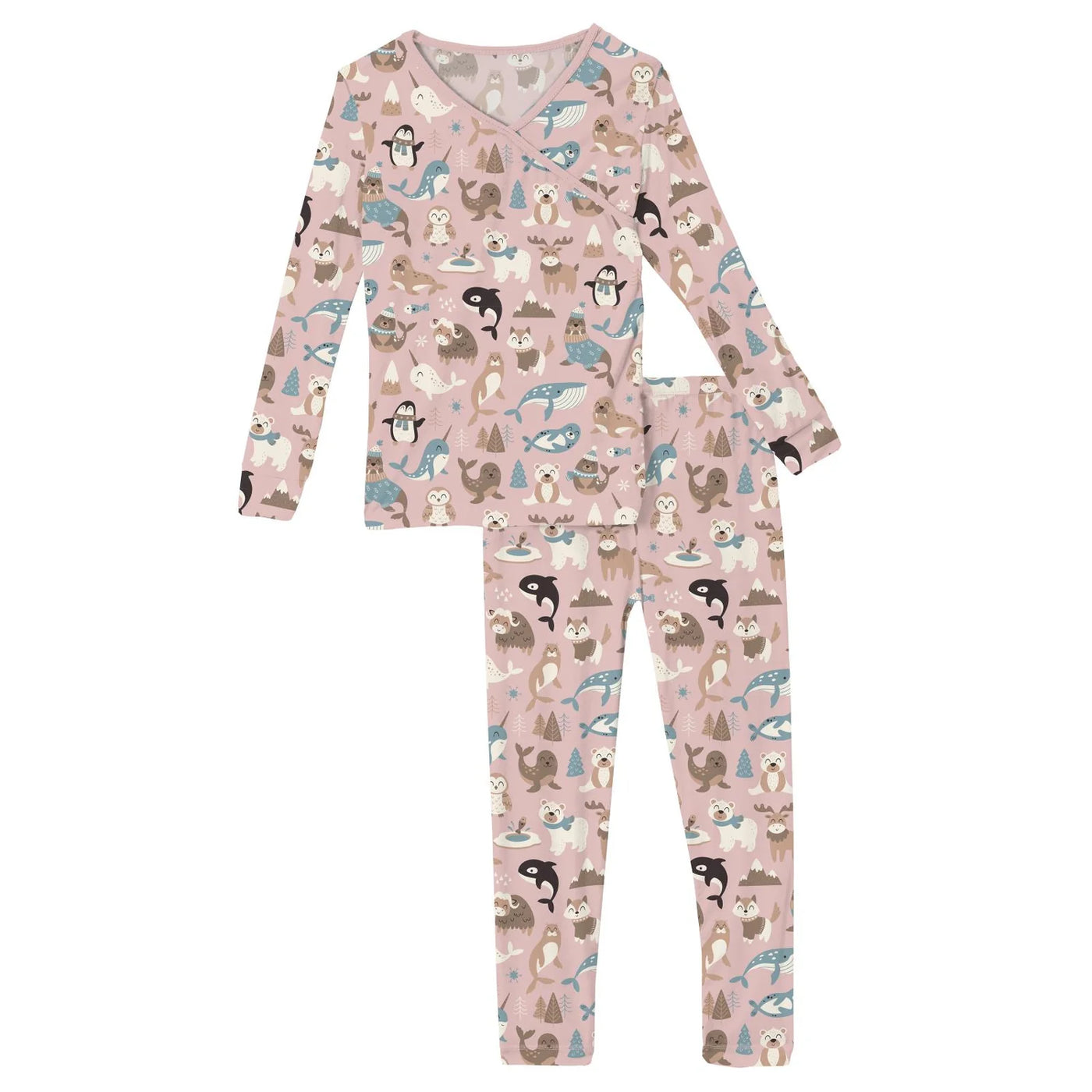 Kickee Pants: Long Sleeve Kimono Pajama Set: Baby Rose Arctic Animals