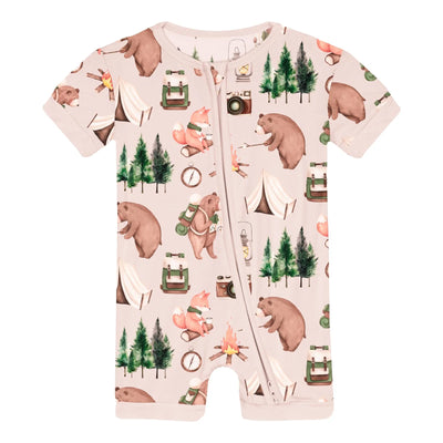 Kickee Pants Shorty Sleeper with Zipper: Latte Camping Animals