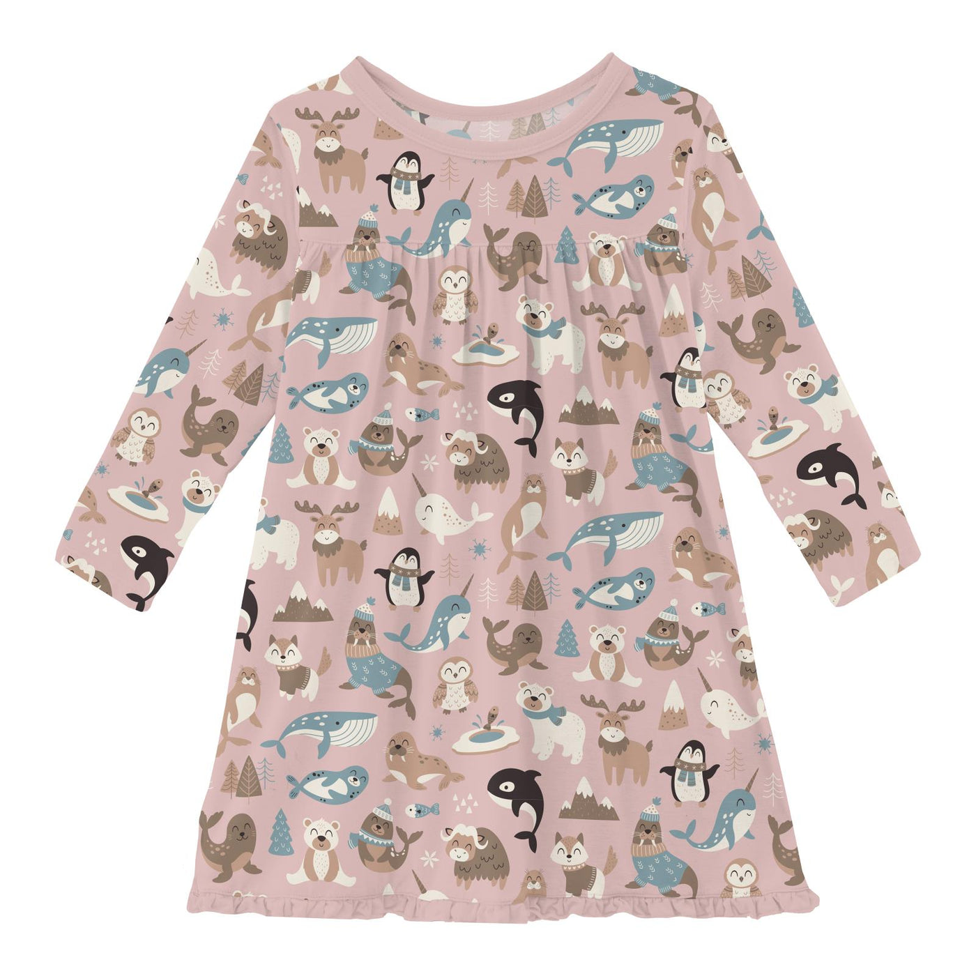 Kickee Pants L/S Swing Dress: Baby Rose Arctic Animals