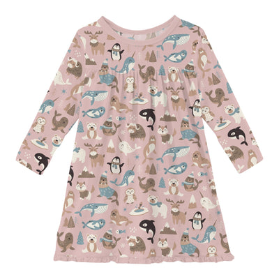 Kickee Pants L/S Swing Dress: Baby Rose Arctic Animals