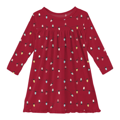 Kickee Pants L/S Swing Dress: Crimson Holiday Lights