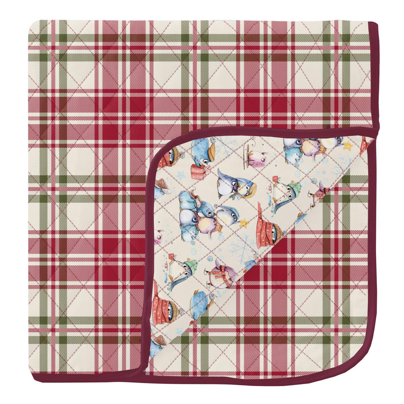 Kickee Pants Quilted Toddler Blanket: Fireside Plaid/Natural Silly Penguins