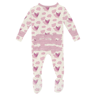 Kickee Pants Ruffle Footie With 2 Way Zipper: Natural Flying Pigs