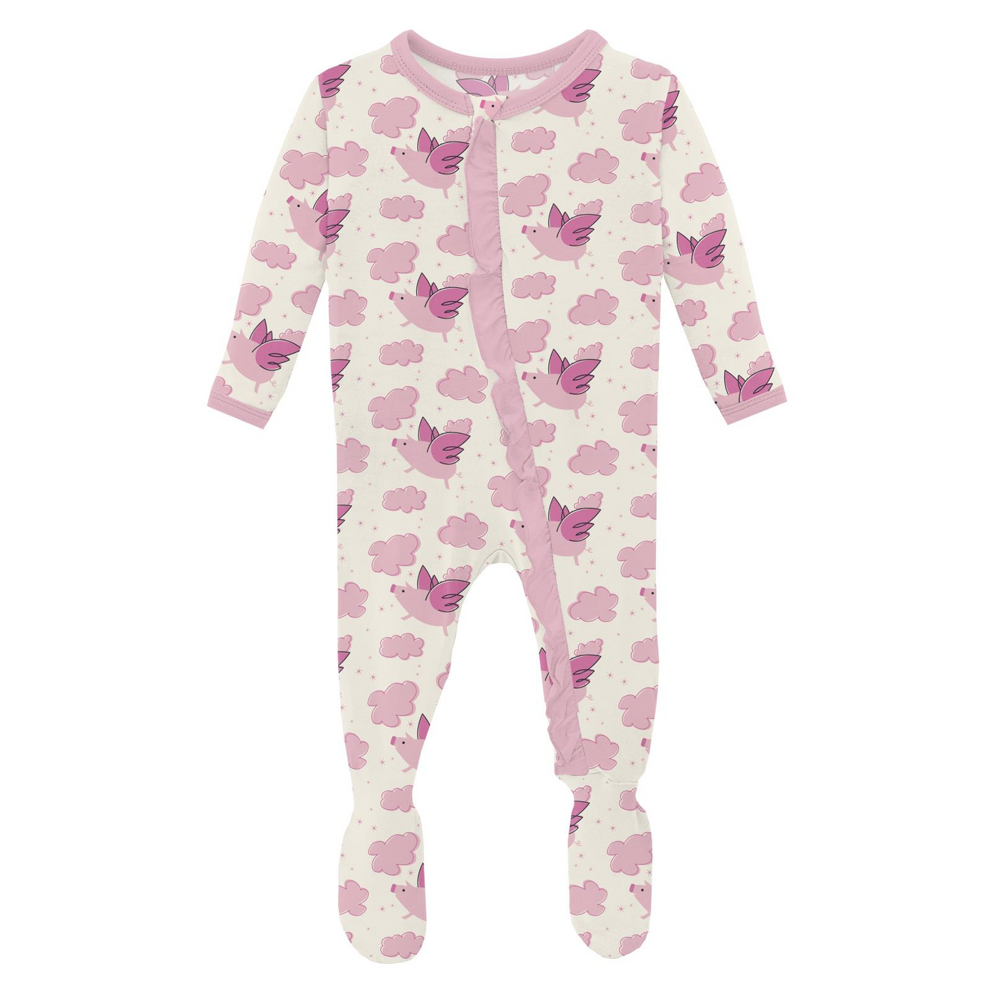 Kickee Pants Ruffle Footie With 2 Way Zipper: Natural Flying Pigs