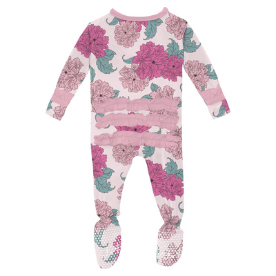 Kickee Pants Ruffle Footie with 2 Way Zipper: Shrinking Violet Peonies
