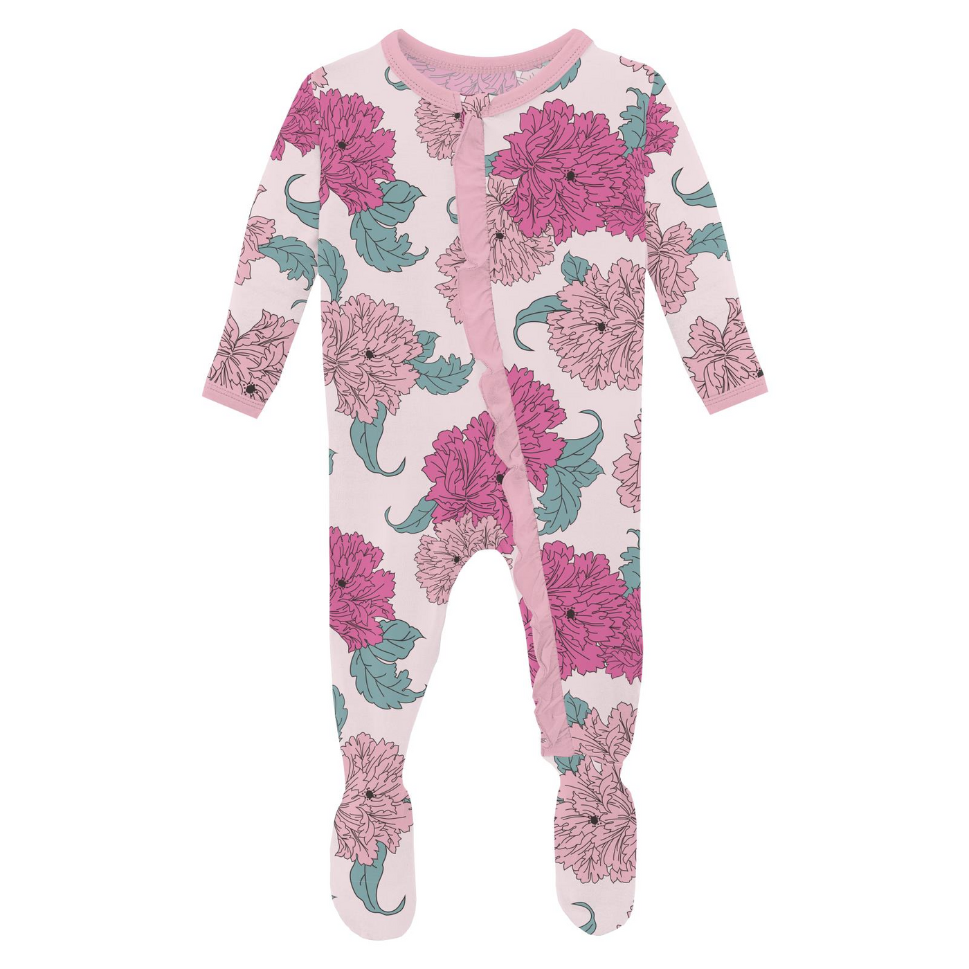 Kickee Pants Ruffle Footie with 2 Way Zipper: Shrinking Violet Peonies