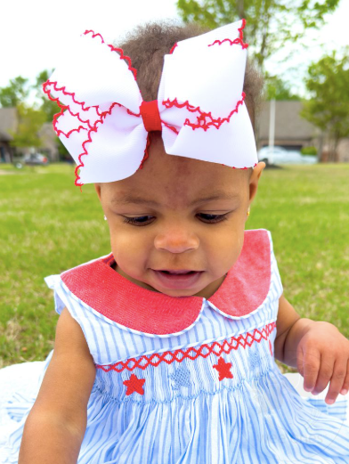 Wee Ones Moonstitch Classic Hair Bow: Navy with White