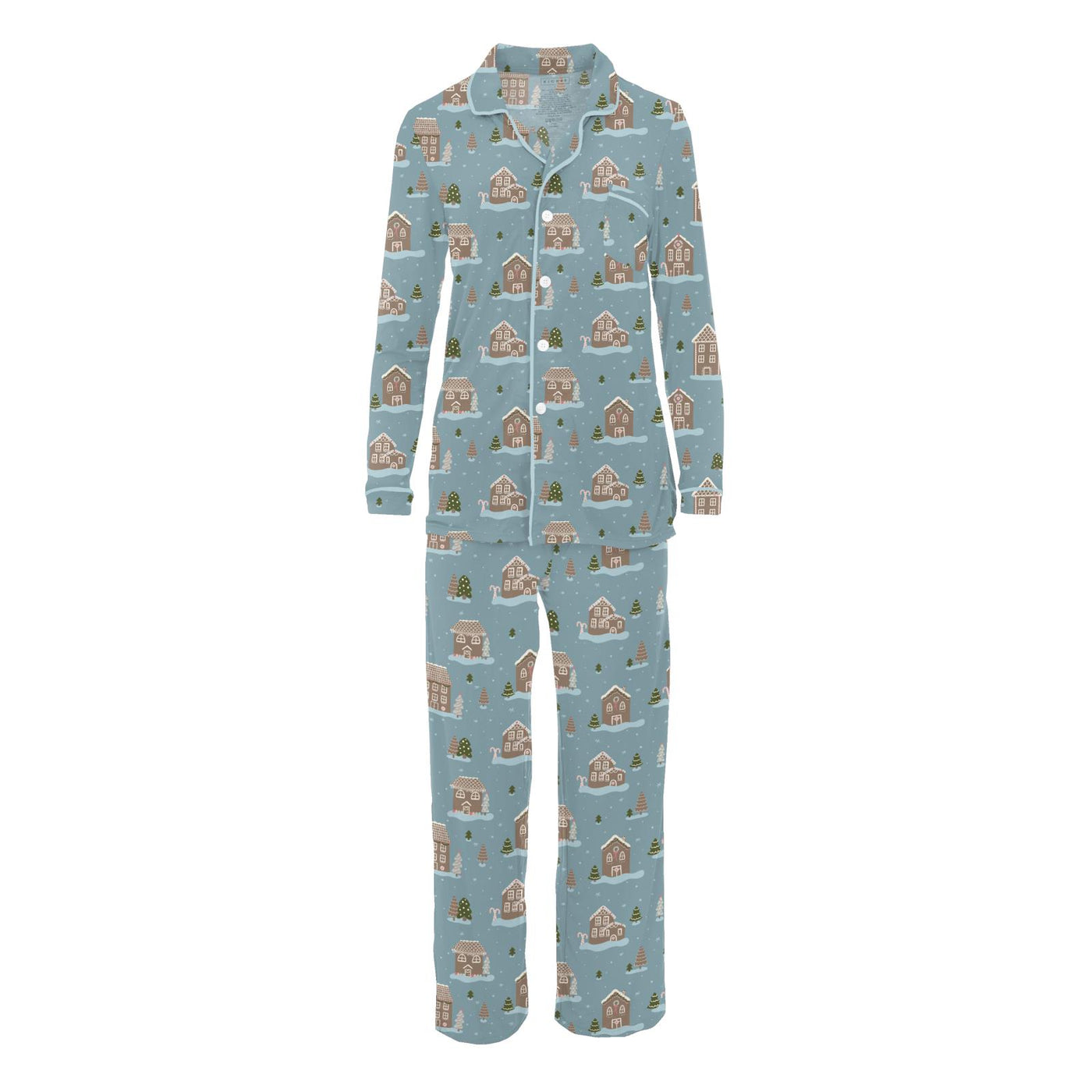 Kickee Pants Womens Long Sleeve Collared Pajama Set: Stormy Sea Gingerbread Town