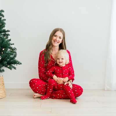 Kickee Pants Womens Long Sleeve Collared Pajama Set: Crimson Holiday Lights