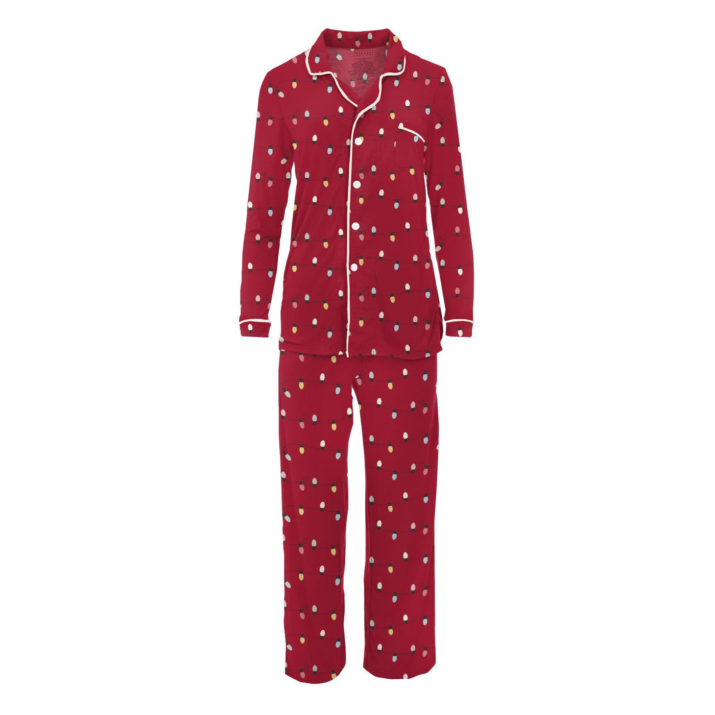 Kickee Pants Womens Long Sleeve Collared Pajama Set: Crimson Holiday Lights