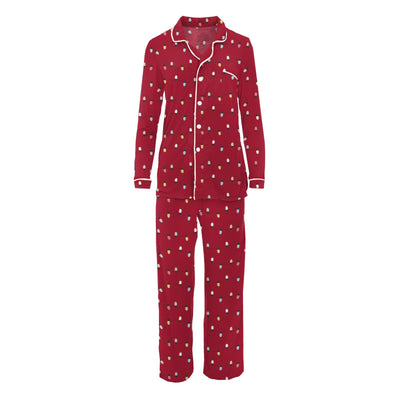 Kickee Pants Womens Long Sleeve Collared Pajama Set: Crimson Holiday Lights
