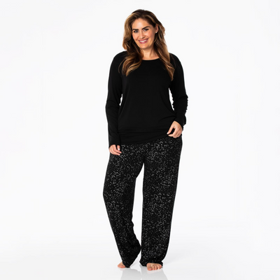 Kickee Pants Women's Long Sleeve Loosey Goosey Tee & Pajama Pants Set: Midnight Foil Constellations