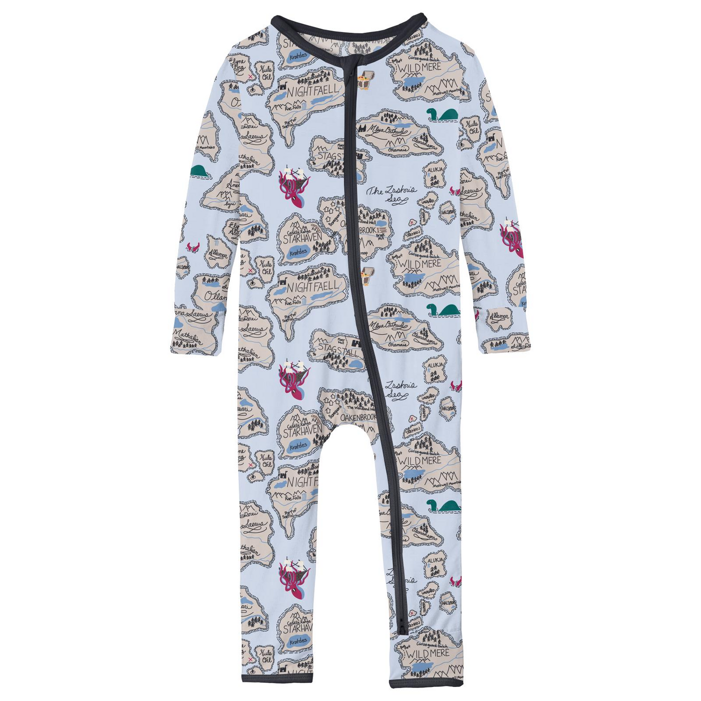 Kickee Pants Coverall with 2 Way Zipper: Dew Pirate Map