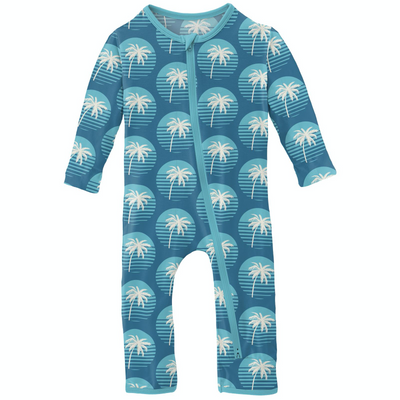 Kickee Pants Coverall with 2 Way Zipper: Cerulean Blue Palm Tree Sun