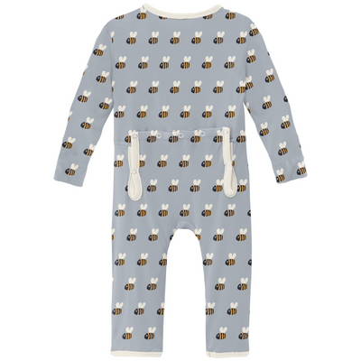 Kickee Pants Coverall With 2 Way Zipper: Pearl Blue Baby Bumblebee  (Ships 5/15-6/15)