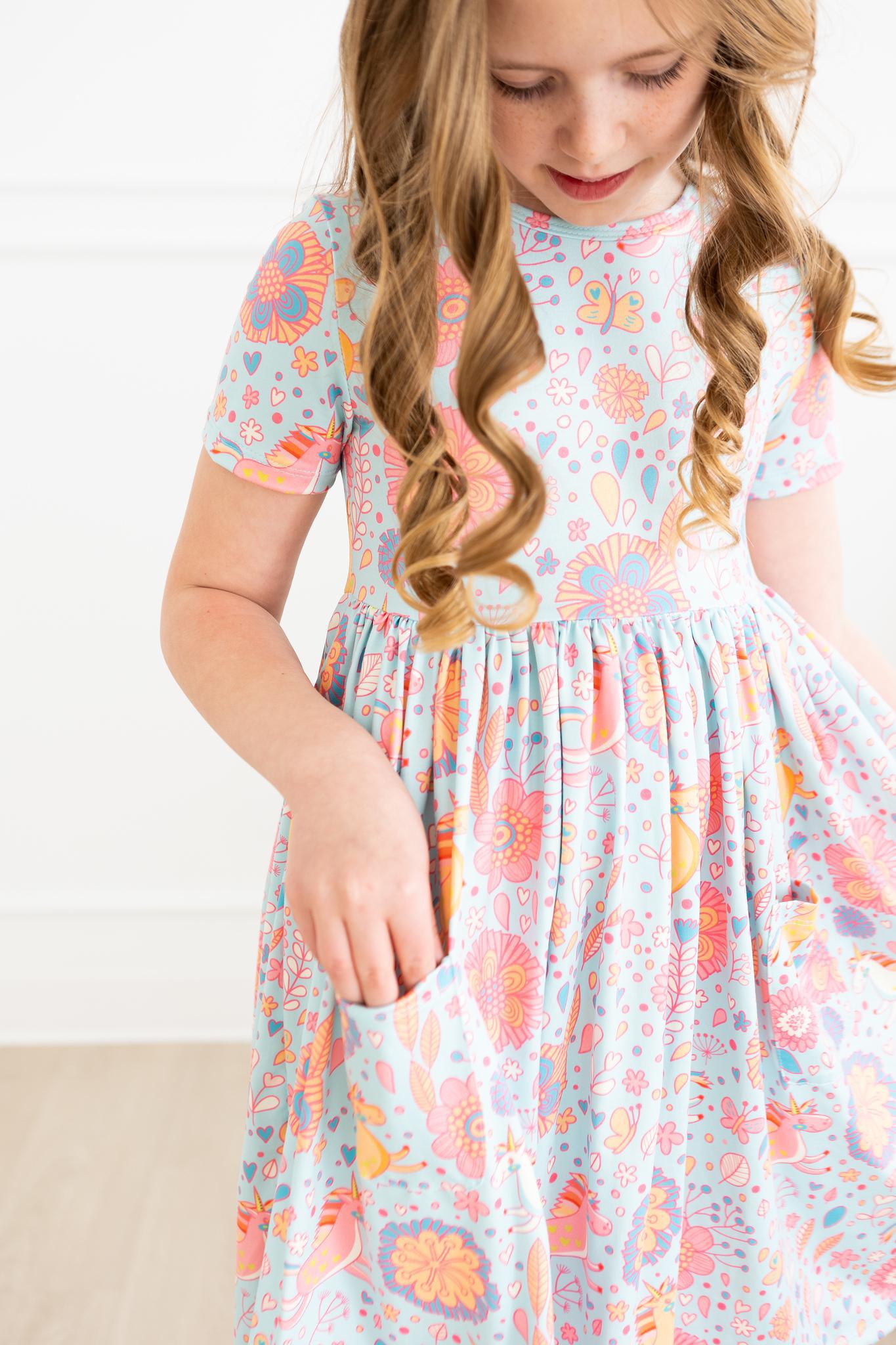 Mila & Rose:  Blue Retro Unicorns S/S Pocket Twirl Dress SHIPS SEPARATELY
