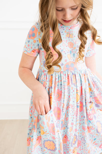 Mila & Rose:  Blue Retro Unicorns S/S Pocket Twirl Dress SHIPS SEPARATELY