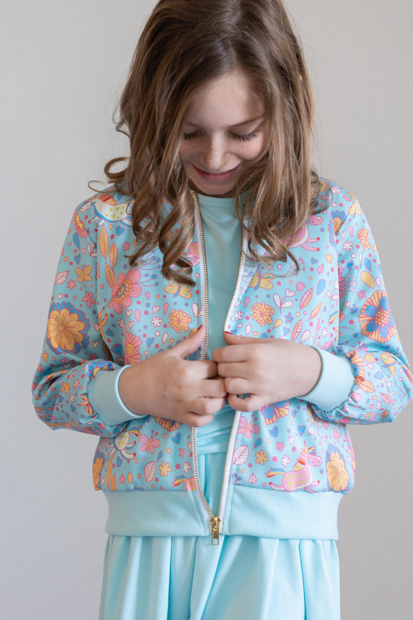 Mila & Rose:  Blue Retro Unicorns Satin Jacket SHIPS SEPARATELY