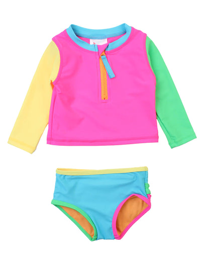 RuffleButts + RuggedButts - Girls Neon Color Block Long Sleeve Zipper Rash Guard 2-Piece