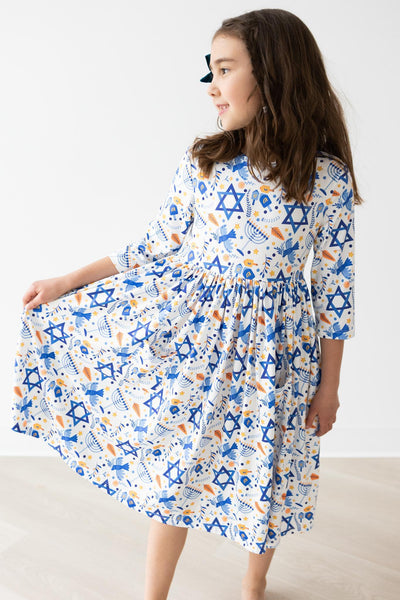 Mila & Rose:  Happy Hanukkah 3/4 Sleeve Pocket Twirl Dress SHIPS SEPARATELY