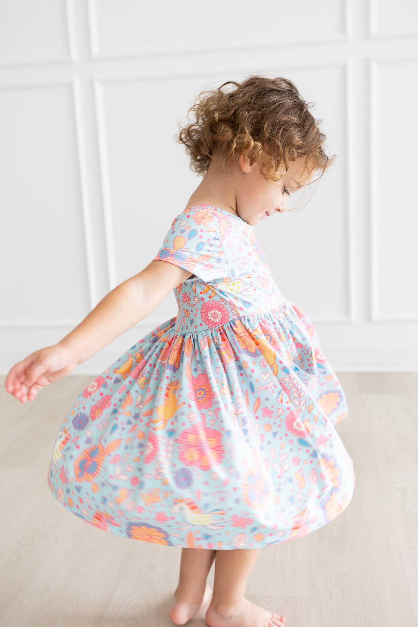 Mila & Rose:  Blue Retro Unicorns S/S Pocket Twirl Dress SHIPS SEPARATELY