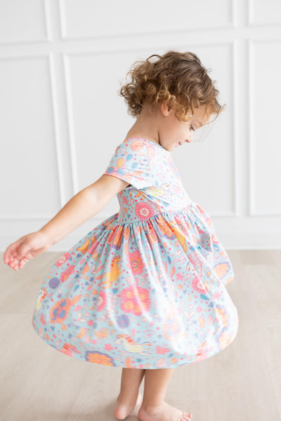 Mila & Rose:  Blue Retro Unicorns S/S Pocket Twirl Dress SHIPS SEPARATELY