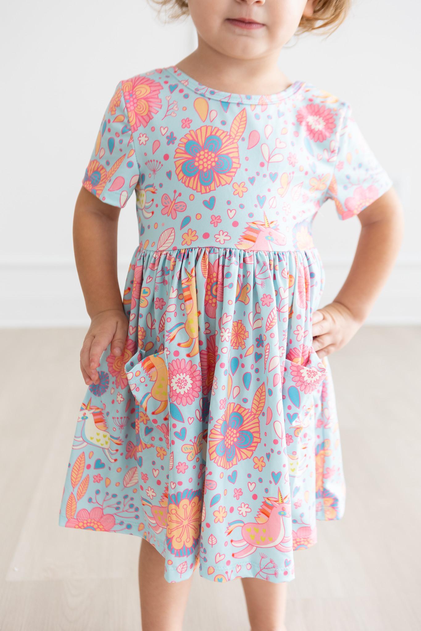 Mila & Rose:  Blue Retro Unicorns S/S Pocket Twirl Dress SHIPS SEPARATELY