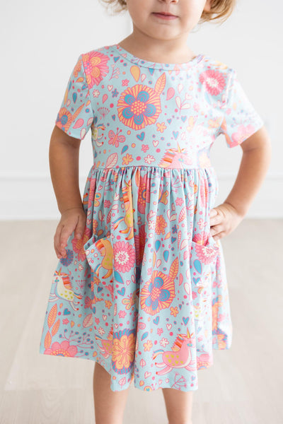 Mila & Rose:  Blue Retro Unicorns S/S Pocket Twirl Dress SHIPS SEPARATELY