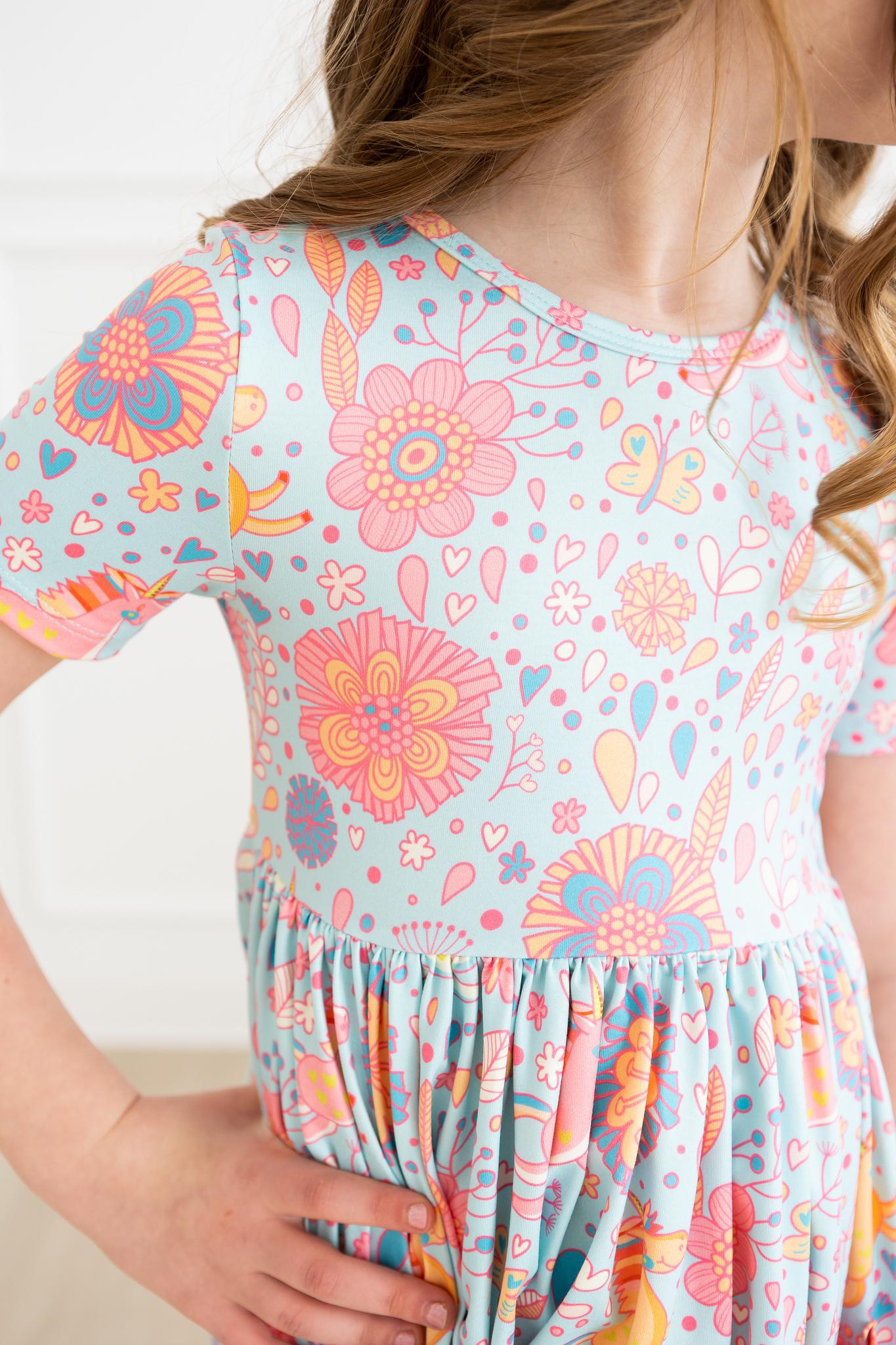 Mila & Rose:  Blue Retro Unicorns S/S Pocket Twirl Dress SHIPS SEPARATELY