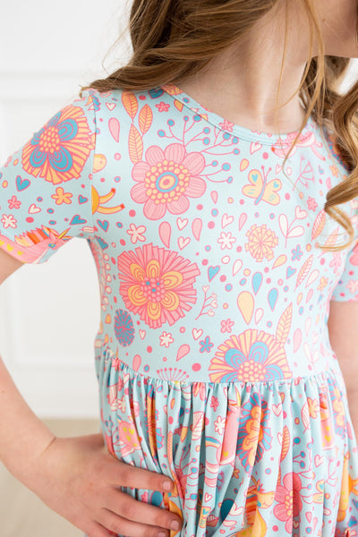Mila & Rose:  Blue Retro Unicorns S/S Pocket Twirl Dress SHIPS SEPARATELY