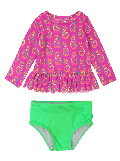 RuffleButts + RuggedButts - Girls Neon Violet Pineapples Scalloped Long Sleeve Rash Guard 2-Piece