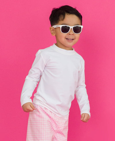 RuffleButts + RuggedButts - Boys White Long Sleeve Rash Guard