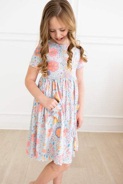 Mila & Rose:  Blue Retro Unicorns S/S Pocket Twirl Dress SHIPS SEPARATELY