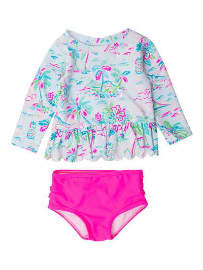 RuffleButts Scalloped Long Sleeve Rash Guard 2-Piece: Tropical Resort