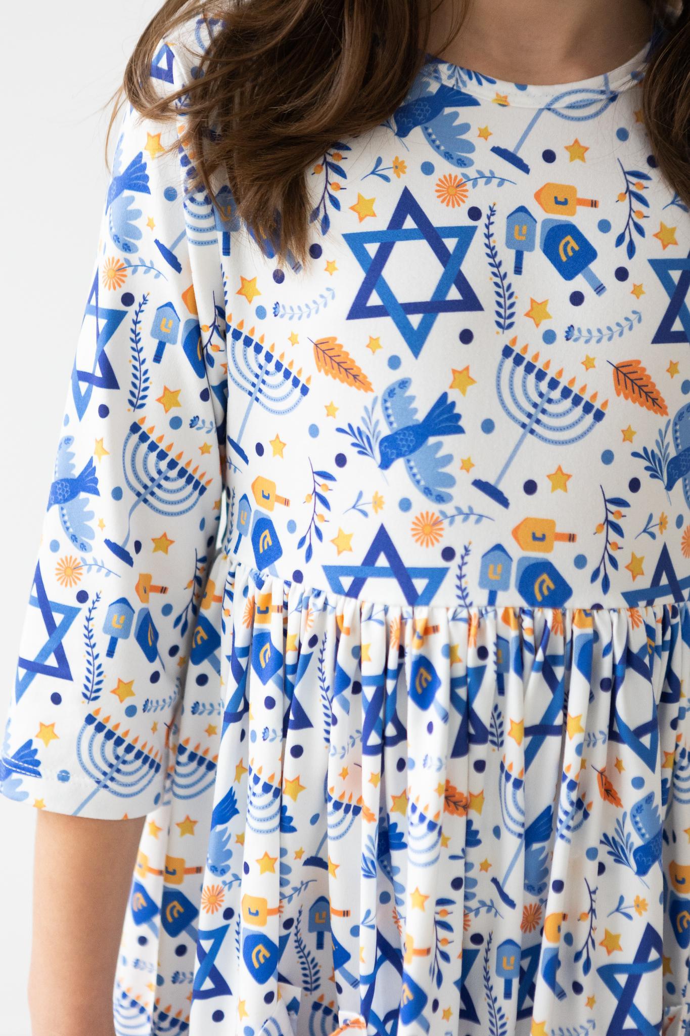 Mila & Rose:  Happy Hanukkah 3/4 Sleeve Pocket Twirl Dress SHIPS SEPARATELY