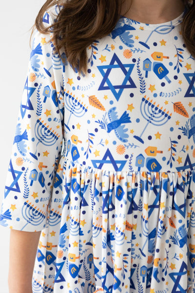 Mila & Rose:  Happy Hanukkah 3/4 Sleeve Pocket Twirl Dress SHIPS SEPARATELY