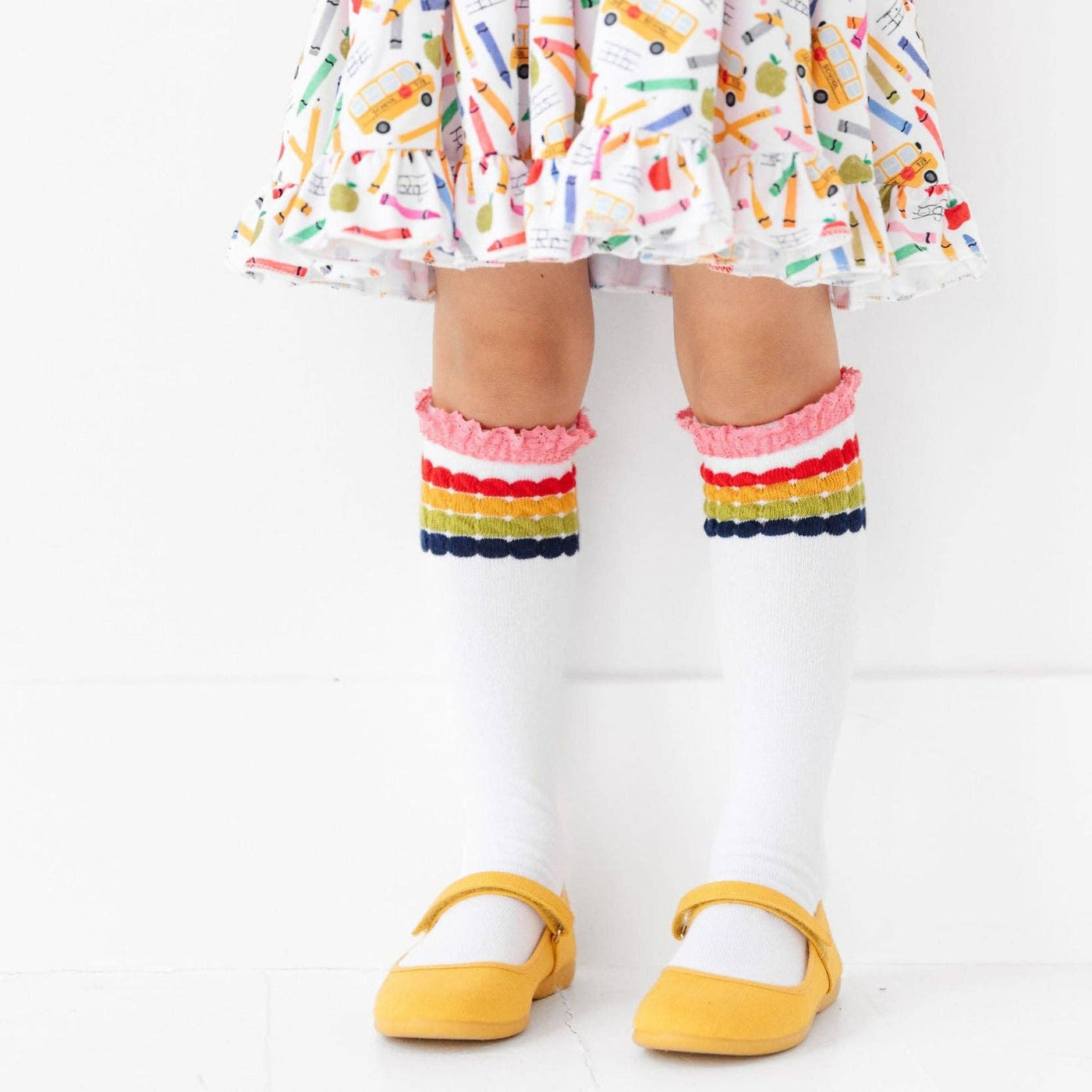 Little Stocking Co. Lace Top Knee High Socks: Rainbow Bubble Stripe