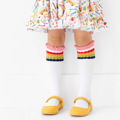 Little Stocking Co. Lace Top Knee High Socks: Rainbow Bubble Stripe