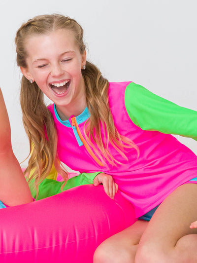 RuffleButts + RuggedButts - Girls Neon Color Block Long Sleeve Zipper Rash Guard 2-Piece