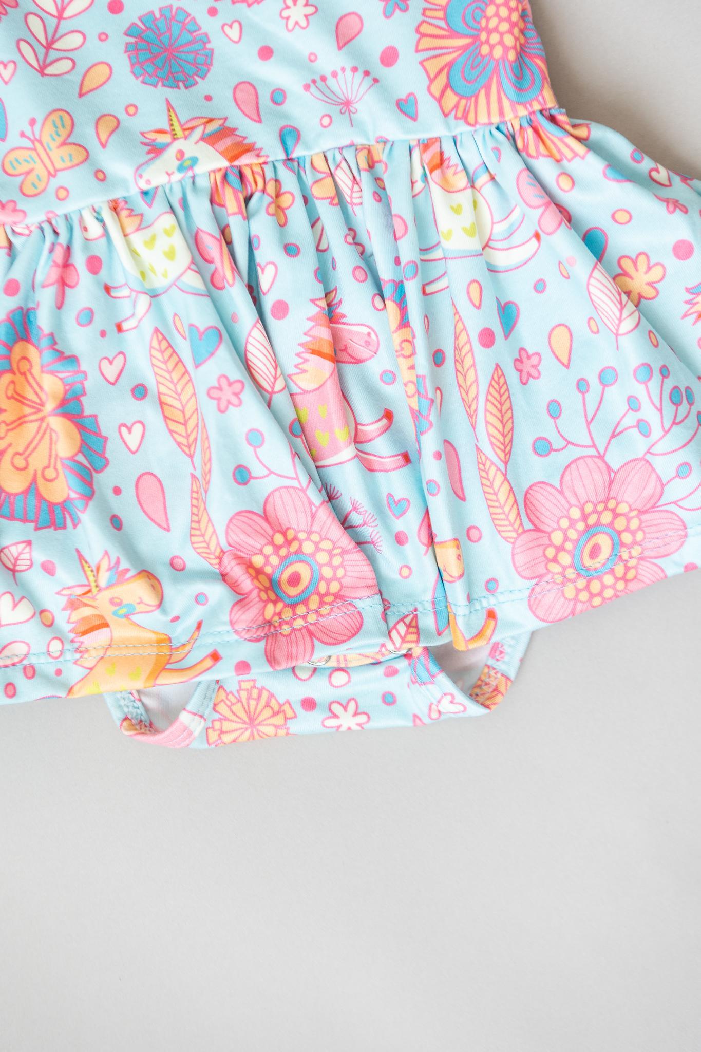Mila & Rose:  Blue Retro Unicorns S/S Twirl Bodysuit SHIPS SEPARATELY